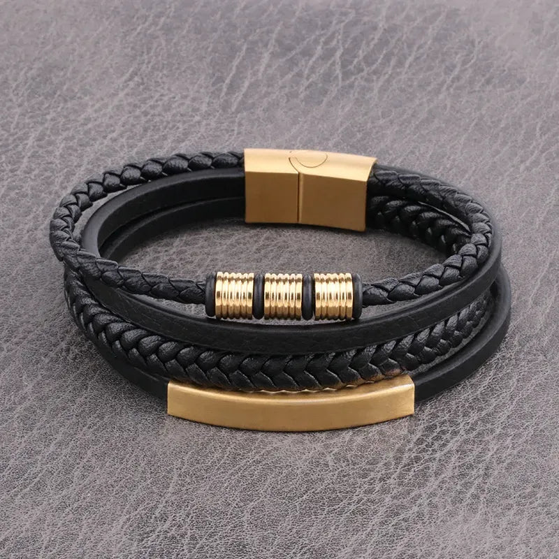 Pulsera cuero negra y dorada #1957