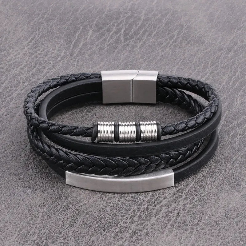 Pulsera cuero negra y plata #1956