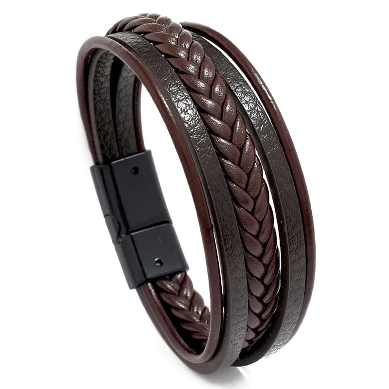 Pulsera cuero trenza café #3145