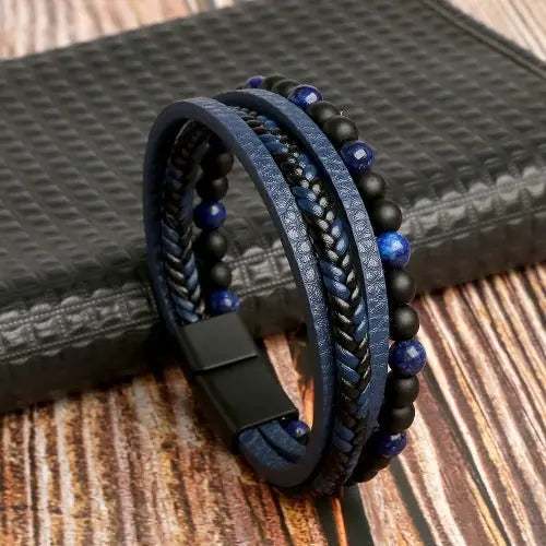 Pulsera cuero negra/azul  #1222