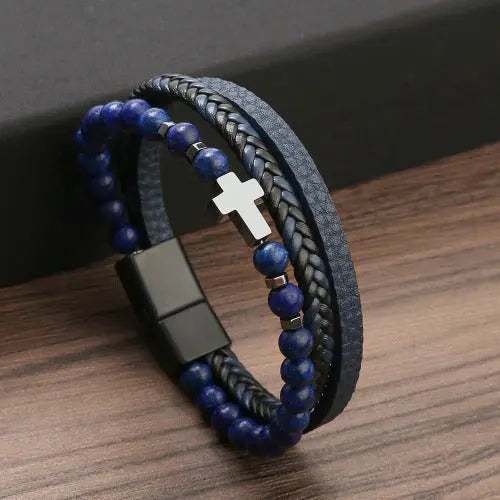 Pulsera de cuero cruz negro/azul 1215 - Gregor Relojes y Accesorio Ecuador